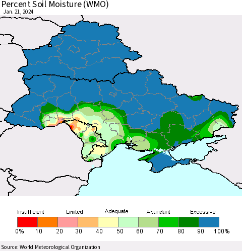 Ukraine, Moldova and Belarus Percent Soil Moisture (WMO) Thematic Map For 1/15/2024 - 1/21/2024