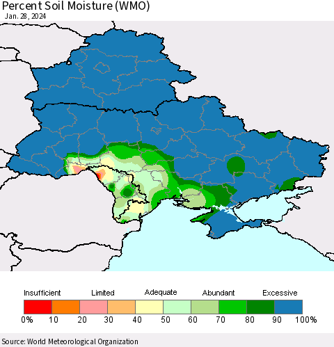 Ukraine, Moldova and Belarus Percent Soil Moisture (WMO) Thematic Map For 1/22/2024 - 1/28/2024