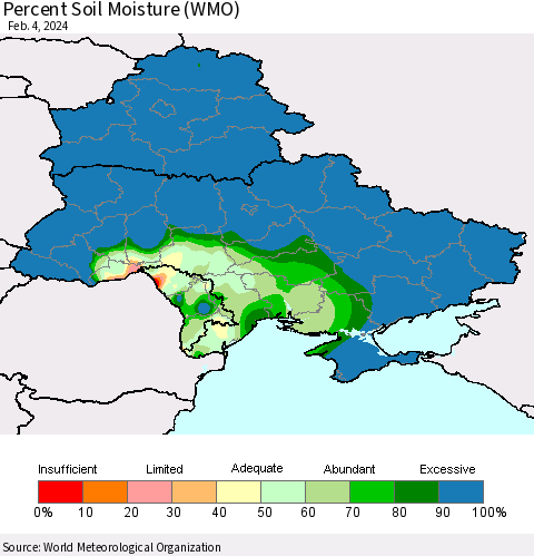 Ukraine, Moldova and Belarus Percent Soil Moisture (WMO) Thematic Map For 1/29/2024 - 2/4/2024