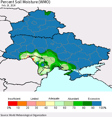 Ukraine, Moldova and Belarus Percent Soil Moisture (WMO) Thematic Map For 2/12/2024 - 2/18/2024