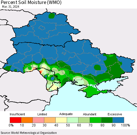 Ukraine, Moldova and Belarus Percent Soil Moisture (WMO) Thematic Map For 3/25/2024 - 3/31/2024