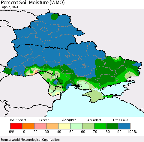 Ukraine, Moldova and Belarus Percent Soil Moisture (WMO) Thematic Map For 4/1/2024 - 4/7/2024