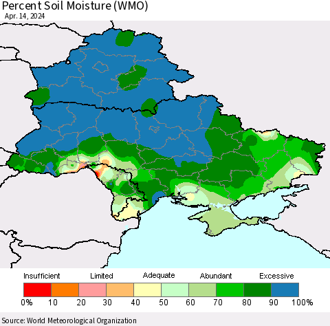 Ukraine, Moldova and Belarus Percent Soil Moisture (WMO) Thematic Map For 4/8/2024 - 4/14/2024