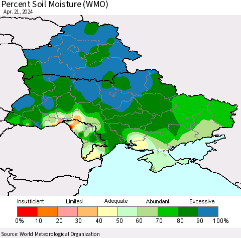 Ukraine, Moldova and Belarus Percent Soil Moisture (WMO) Thematic Map For 4/15/2024 - 4/21/2024