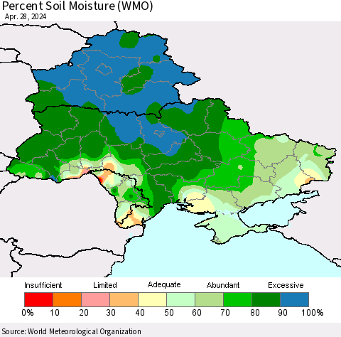 Ukraine, Moldova and Belarus Percent Soil Moisture (WMO) Thematic Map For 4/22/2024 - 4/28/2024