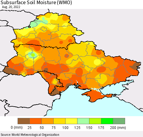 Ukraine, Moldova and Belarus Subsurface Soil Moisture (WMO) Thematic Map For 8/16/2022 - 8/20/2022