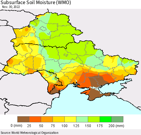 Ukraine, Moldova and Belarus Subsurface Soil Moisture (WMO) Thematic Map For 11/26/2022 - 11/30/2022