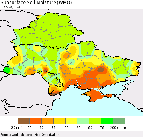 Ukraine, Moldova and Belarus Subsurface Soil Moisture (WMO) Thematic Map For 1/16/2023 - 1/20/2023