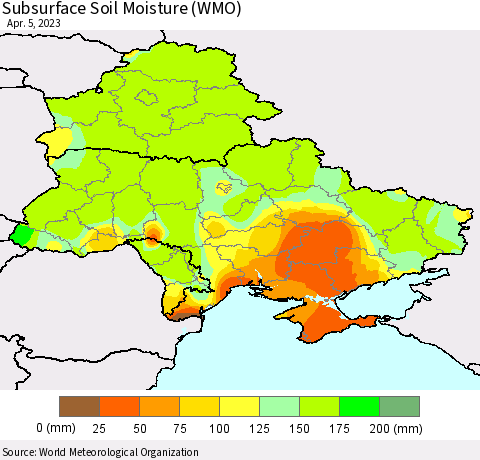 Ukraine, Moldova and Belarus Subsurface Soil Moisture (WMO) Thematic Map For 4/1/2023 - 4/5/2023