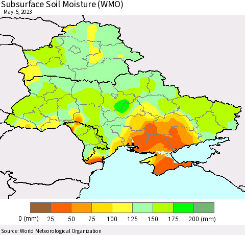Ukraine, Moldova and Belarus Subsurface Soil Moisture (WMO) Thematic Map For 5/1/2023 - 5/5/2023