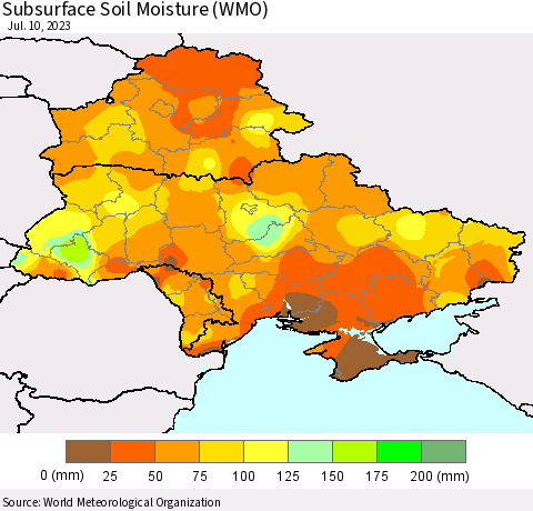 Ukraine, Moldova and Belarus Subsurface Soil Moisture (WMO) Thematic Map For 7/6/2023 - 7/10/2023