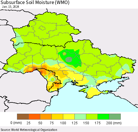 Ukraine, Moldova and Belarus Subsurface Soil Moisture (WMO) Thematic Map For 1/11/2024 - 1/15/2024