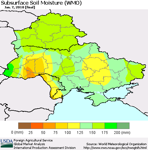 Ukraine, Moldova and Belarus Subsurface Soil Moisture (WMO) Thematic Map For 1/1/2018 - 1/7/2018