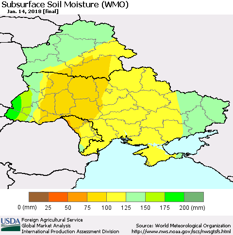 Ukraine, Moldova and Belarus Subsurface Soil Moisture (WMO) Thematic Map For 1/8/2018 - 1/14/2018