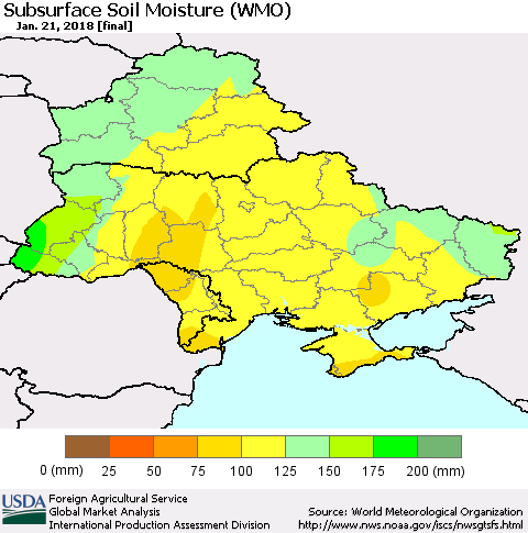 Ukraine, Moldova and Belarus Subsurface Soil Moisture (WMO) Thematic Map For 1/15/2018 - 1/21/2018