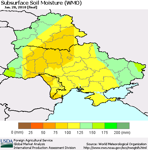 Ukraine, Moldova and Belarus Subsurface Soil Moisture (WMO) Thematic Map For 1/22/2018 - 1/28/2018