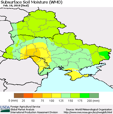 Ukraine, Moldova and Belarus Subsurface Soil Moisture (WMO) Thematic Map For 2/12/2018 - 2/18/2018