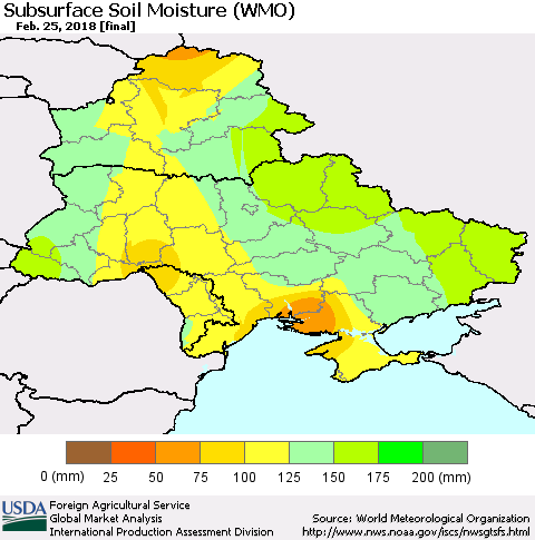 Ukraine, Moldova and Belarus Subsurface Soil Moisture (WMO) Thematic Map For 2/19/2018 - 2/25/2018