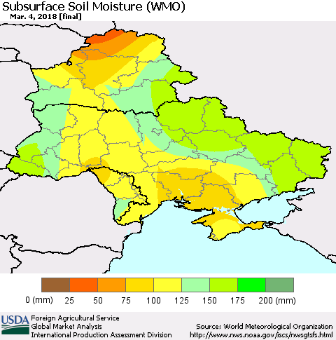 Ukraine, Moldova and Belarus Subsurface Soil Moisture (WMO) Thematic Map For 2/26/2018 - 3/4/2018