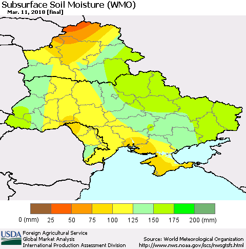 Ukraine, Moldova and Belarus Subsurface Soil Moisture (WMO) Thematic Map For 3/5/2018 - 3/11/2018