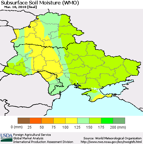 Ukraine, Moldova and Belarus Subsurface Soil Moisture (WMO) Thematic Map For 3/12/2018 - 3/18/2018