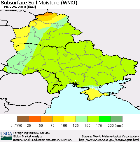Ukraine, Moldova and Belarus Subsurface Soil Moisture (WMO) Thematic Map For 3/19/2018 - 3/25/2018