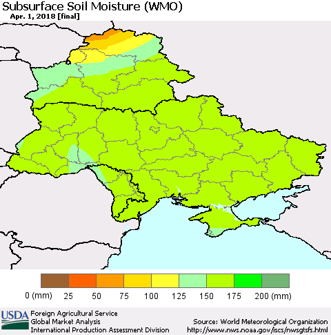 Ukraine, Moldova and Belarus Subsurface Soil Moisture (WMO) Thematic Map For 3/26/2018 - 4/1/2018