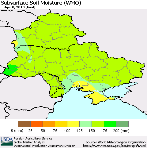 Ukraine, Moldova and Belarus Subsurface Soil Moisture (WMO) Thematic Map For 4/2/2018 - 4/8/2018