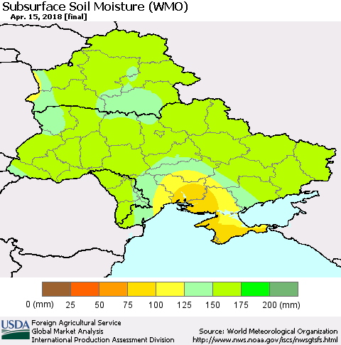 Ukraine, Moldova and Belarus Subsurface Soil Moisture (WMO) Thematic Map For 4/9/2018 - 4/15/2018