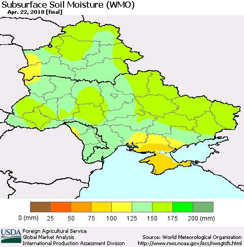 Ukraine, Moldova and Belarus Subsurface Soil Moisture (WMO) Thematic Map For 4/16/2018 - 4/22/2018
