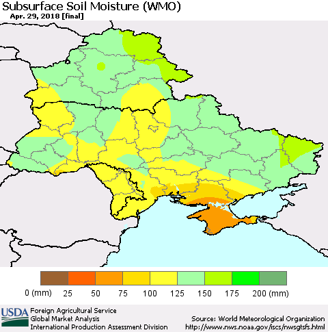 Ukraine, Moldova and Belarus Subsurface Soil Moisture (WMO) Thematic Map For 4/23/2018 - 4/29/2018