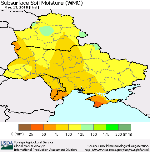 Ukraine, Moldova and Belarus Subsurface Soil Moisture (WMO) Thematic Map For 5/7/2018 - 5/13/2018