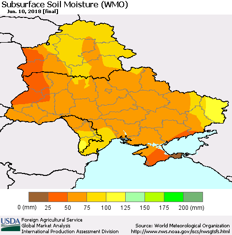 Ukraine, Moldova and Belarus Subsurface Soil Moisture (WMO) Thematic Map For 6/4/2018 - 6/10/2018