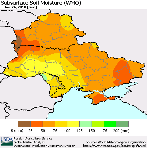 Ukraine, Moldova and Belarus Subsurface Soil Moisture (WMO) Thematic Map For 6/18/2018 - 6/24/2018