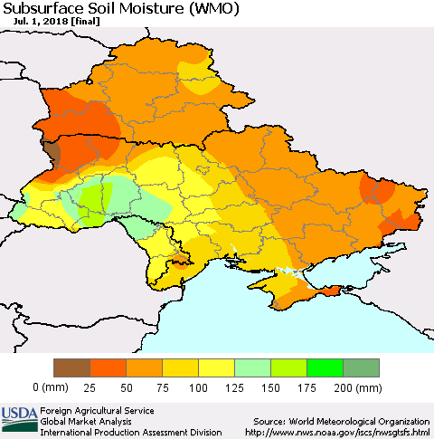Ukraine, Moldova and Belarus Subsurface Soil Moisture (WMO) Thematic Map For 6/25/2018 - 7/1/2018