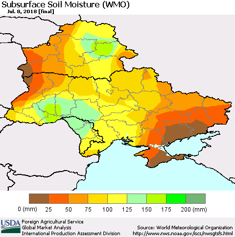 Ukraine, Moldova and Belarus Subsurface Soil Moisture (WMO) Thematic Map For 7/2/2018 - 7/8/2018