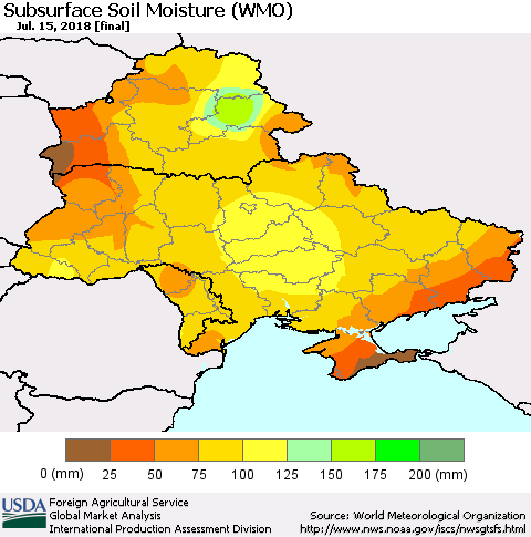 Ukraine, Moldova and Belarus Subsurface Soil Moisture (WMO) Thematic Map For 7/9/2018 - 7/15/2018