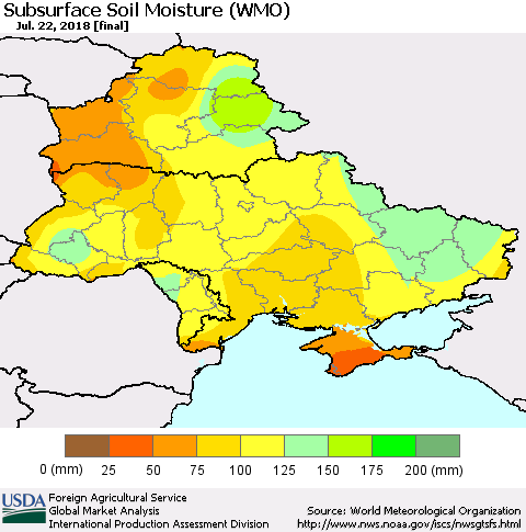 Ukraine, Moldova and Belarus Subsurface Soil Moisture (WMO) Thematic Map For 7/16/2018 - 7/22/2018