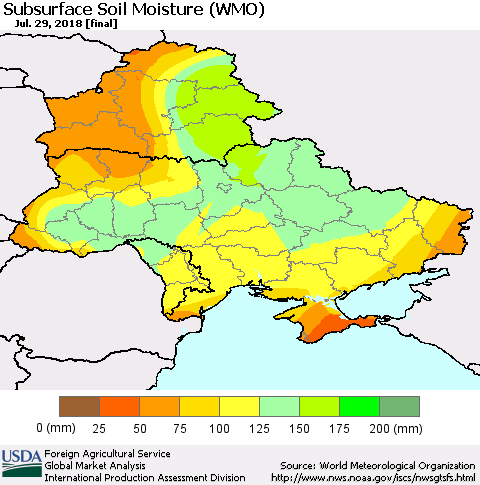 Ukraine, Moldova and Belarus Subsurface Soil Moisture (WMO) Thematic Map For 7/23/2018 - 7/29/2018