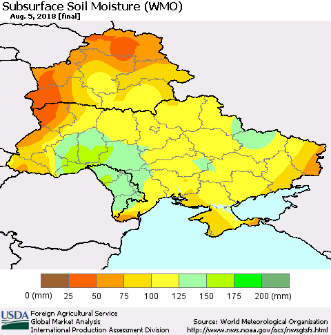 Ukraine, Moldova and Belarus Subsurface Soil Moisture (WMO) Thematic Map For 7/30/2018 - 8/5/2018