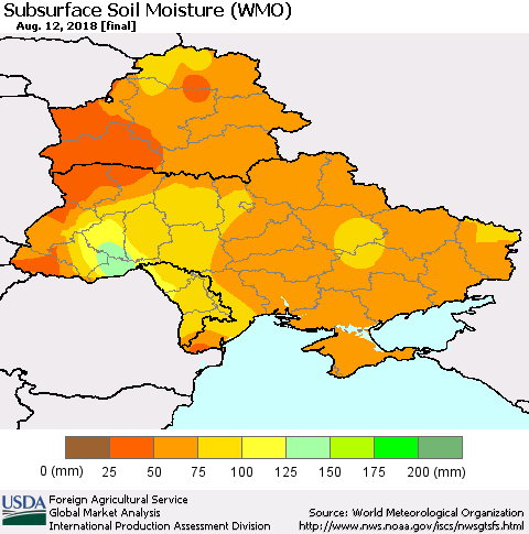 Ukraine, Moldova and Belarus Subsurface Soil Moisture (WMO) Thematic Map For 8/6/2018 - 8/12/2018