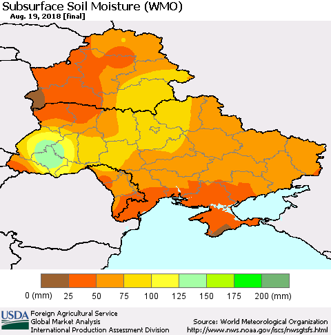 Ukraine, Moldova and Belarus Subsurface Soil Moisture (WMO) Thematic Map For 8/13/2018 - 8/19/2018