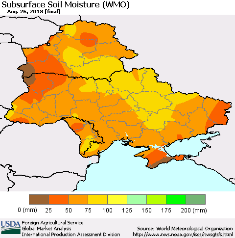 Ukraine, Moldova and Belarus Subsurface Soil Moisture (WMO) Thematic Map For 8/20/2018 - 8/26/2018