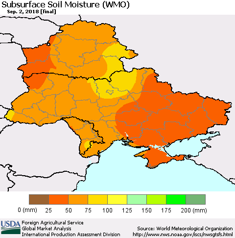Ukraine, Moldova and Belarus Subsurface Soil Moisture (WMO) Thematic Map For 8/27/2018 - 9/2/2018