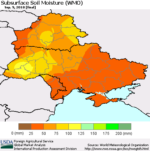 Ukraine, Moldova and Belarus Subsurface Soil Moisture (WMO) Thematic Map For 9/3/2018 - 9/9/2018