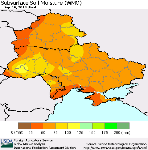 Ukraine, Moldova and Belarus Subsurface Soil Moisture (WMO) Thematic Map For 9/10/2018 - 9/16/2018