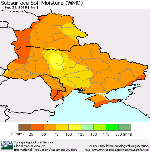 Ukraine, Moldova and Belarus Subsurface Soil Moisture (WMO) Thematic Map For 9/17/2018 - 9/23/2018