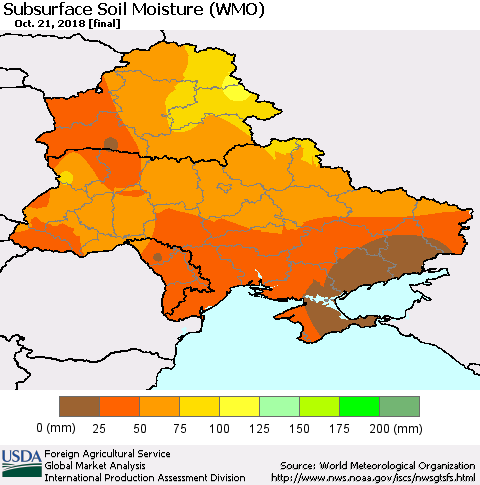 Ukraine, Moldova and Belarus Subsurface Soil Moisture (WMO) Thematic Map For 10/15/2018 - 10/21/2018