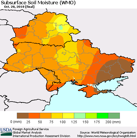 Ukraine, Moldova and Belarus Subsurface Soil Moisture (WMO) Thematic Map For 10/22/2018 - 10/28/2018