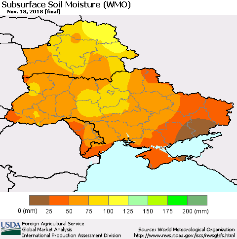 Ukraine, Moldova and Belarus Subsurface Soil Moisture (WMO) Thematic Map For 11/12/2018 - 11/18/2018